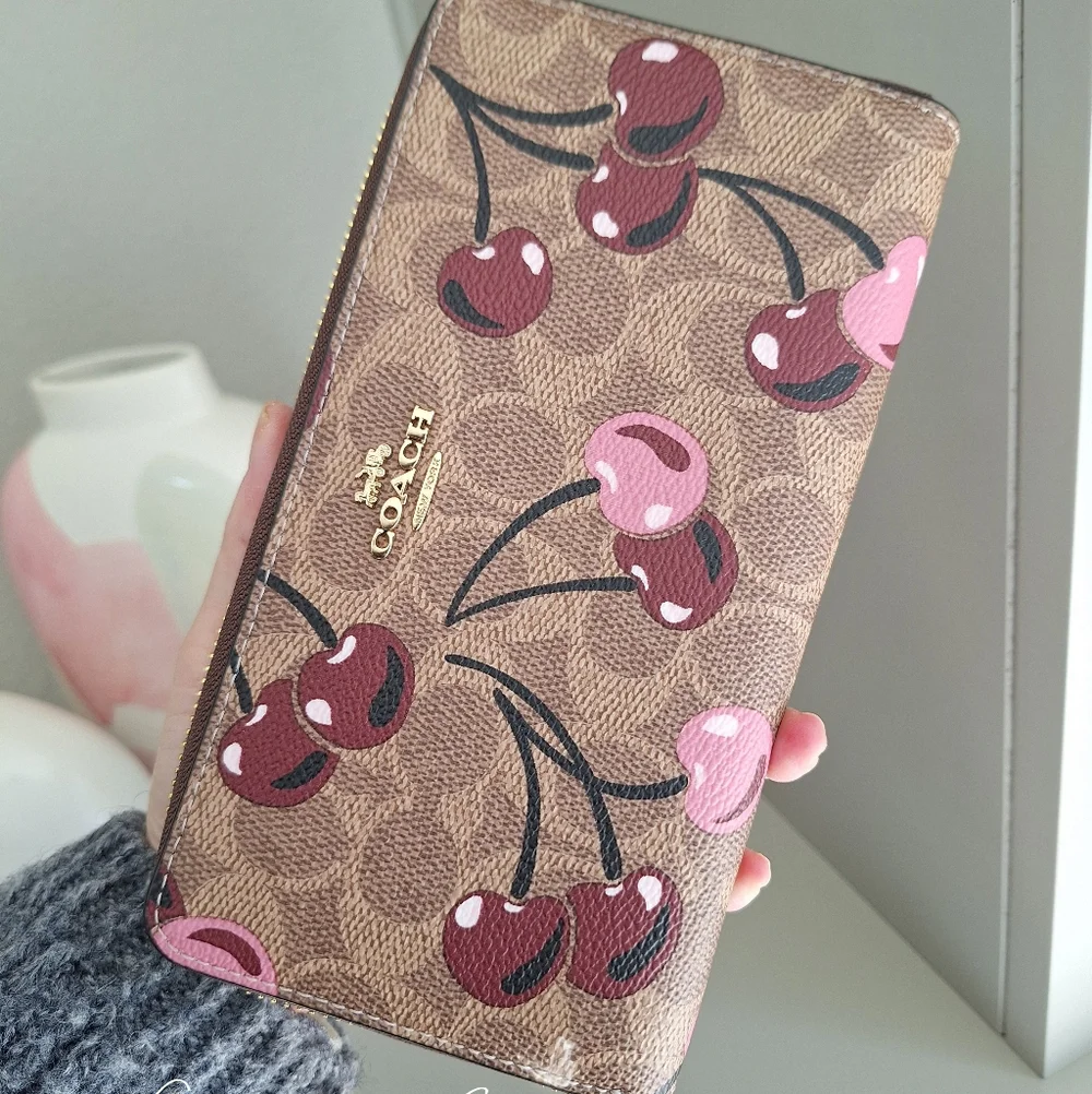 NWT Coach Long Zip Around Wallet In Signature Canvas With Cherry Print CZ328 🍒